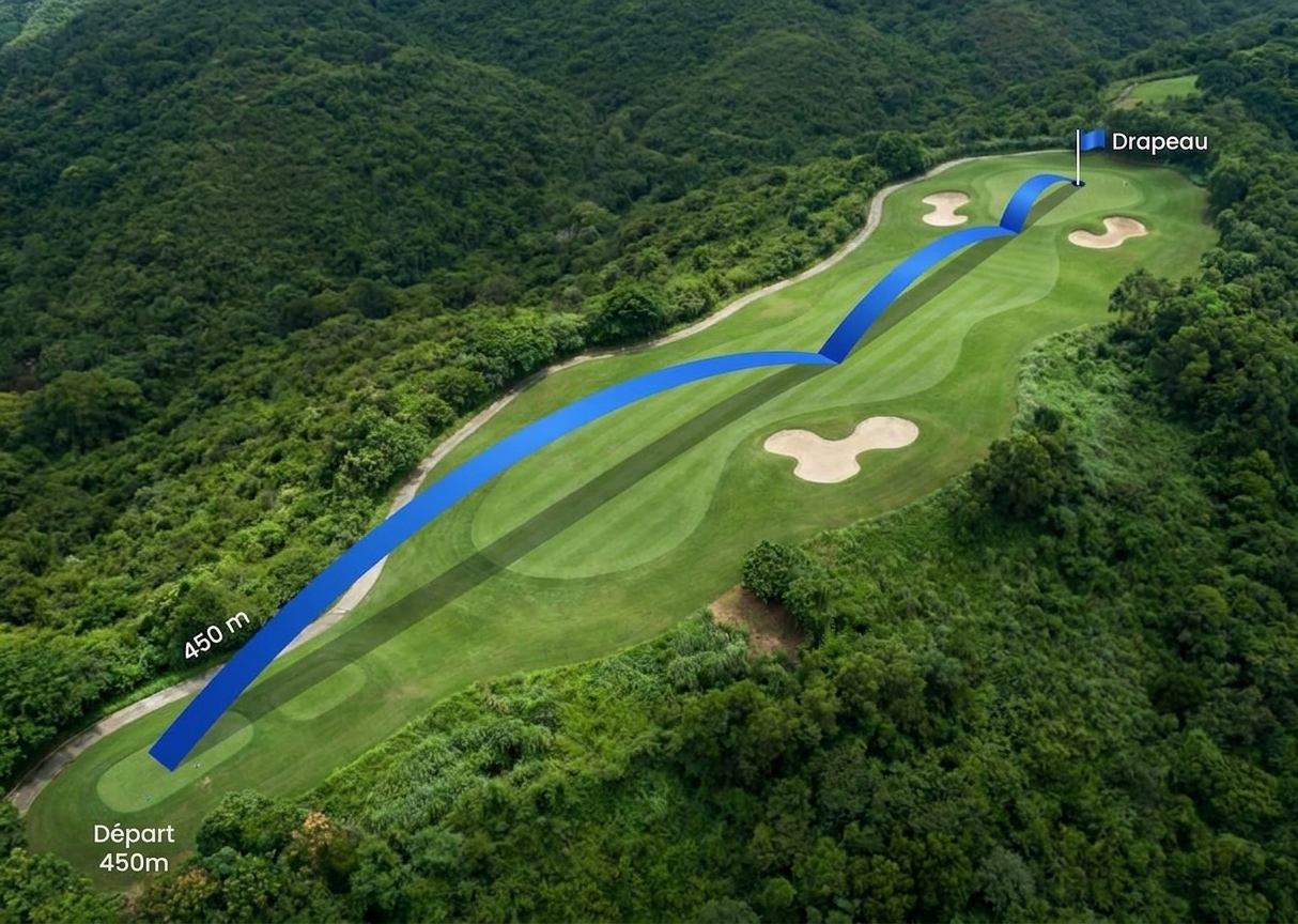 Vue aérienne d'un trou de golf avec la trajectoire 3D reconstituée par AceGlove, du départ à 450 m jusqu'au drapeau